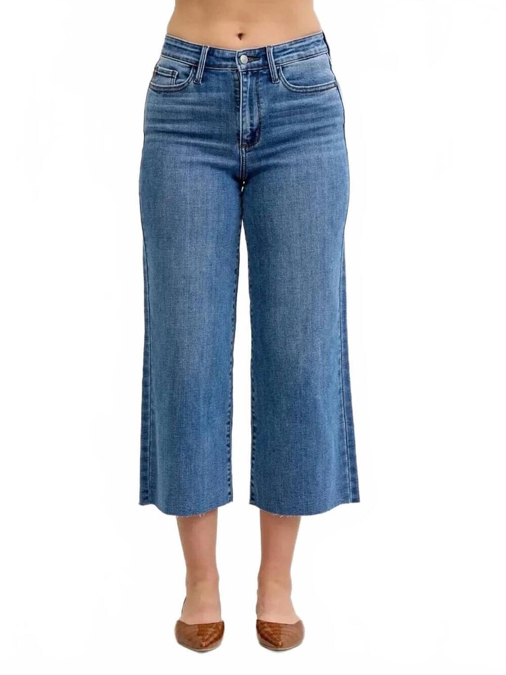 NEW JUDY BLUE high waist classic raw hem crop wide leg denim jeans in blue